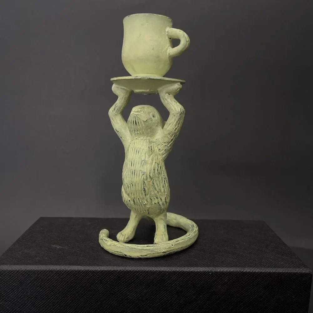 Painted Solid Brass Mouse w teacup Candle Stick Holder- 5-1/2